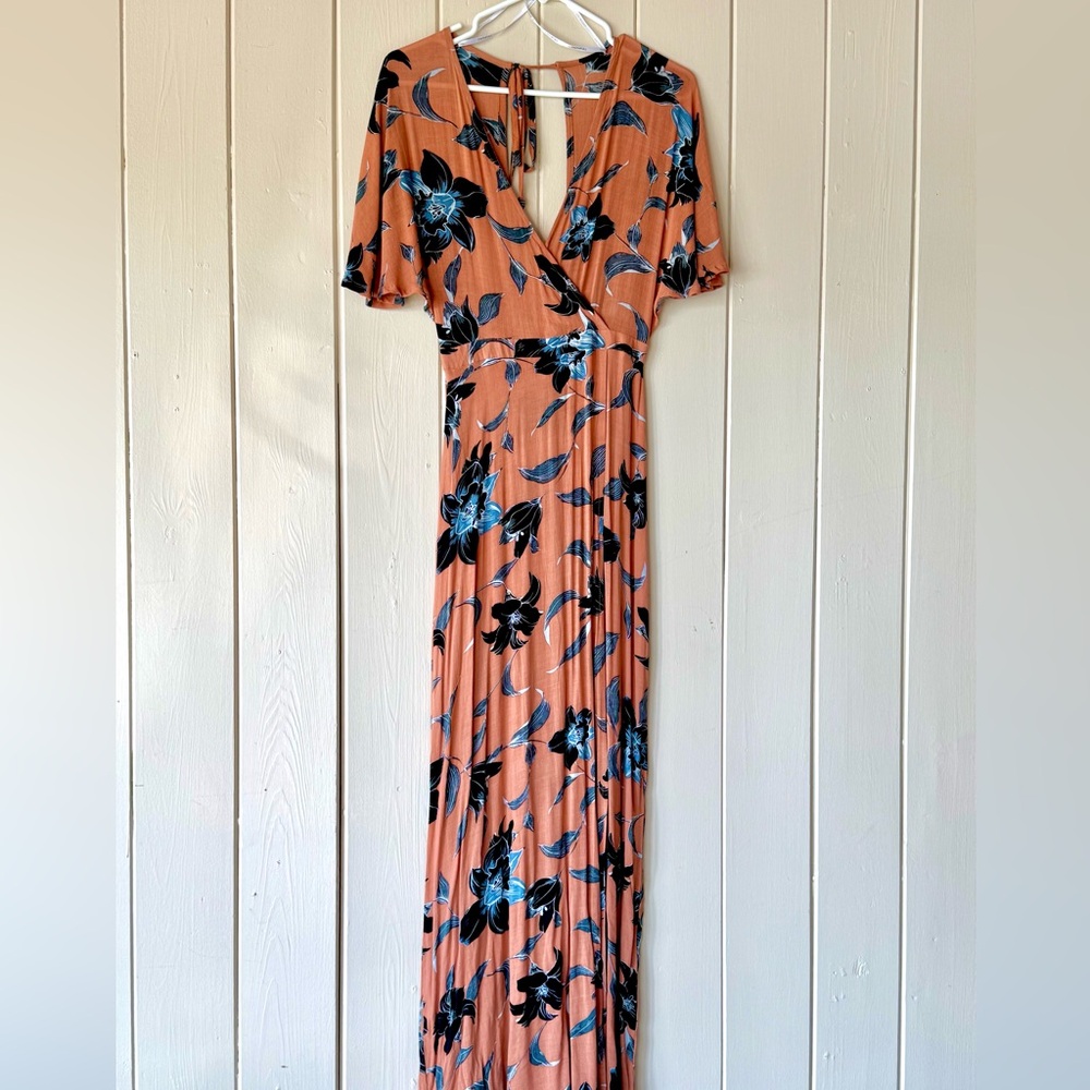 Faithfull the Brand Coral and Blue Floral Maxi Dress
